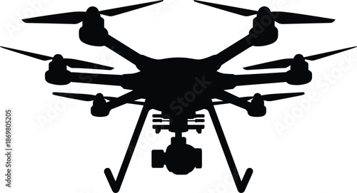 Black hexacopter drone silhouette with high resolution camera for professional aerial photography and cinematic video filming.
