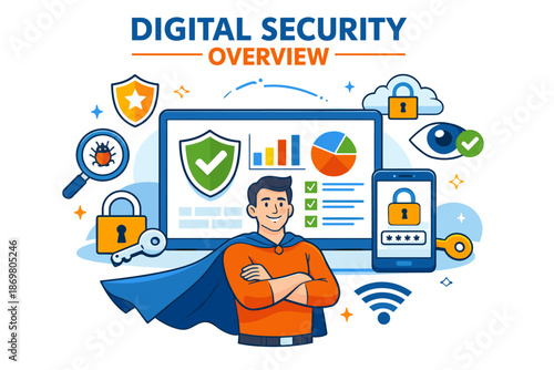 Male character in digital security environment with technology icons and devices