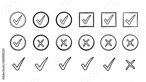Check and X Mark Vector Set – Approval and Rejection Symbols in Circles, Squares, and Standalone Styles for UI, Forms, Surveys, and Graphic Design