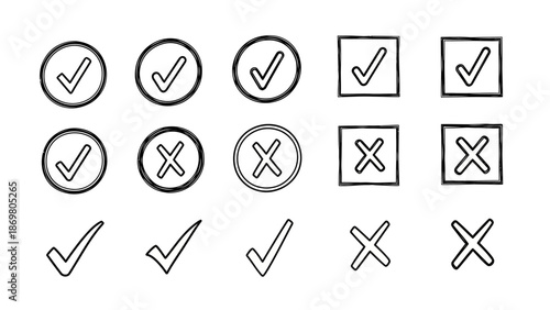 Check and X Mark Vector Set – Approval and Rejection Symbols in Circles, Squares, and Standalone Styles for UI, Forms, Surveys, and Graphic Design