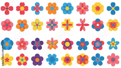 Colorful Flower Grid Vector Set – Stylized Floral Icons with Unique Heart-Petal Variation for Pattern Recognition, Decoration, and Educational Design Projects