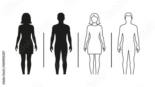 Male and Female Silhouette Vector Set – Filled and Outlined Human Figures for Gender Representation, Signage, UI, Educational, and Graphic Design Use