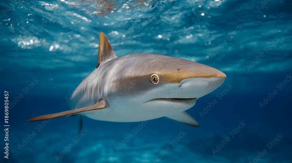 Obraz premium A shark glides through clear blue ocean water with sunlight creating ripples on the surface