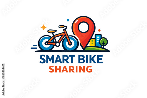 Smart bike sharing logo with location pin and urban cityscape elements