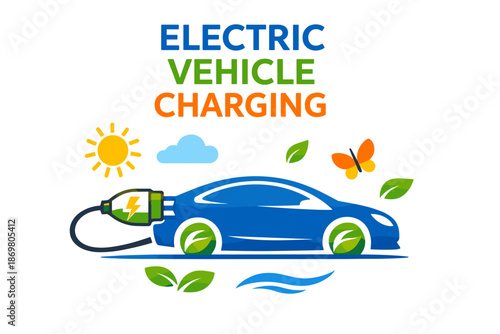 Electric vehicle charging station illustration with blue car and eco elements