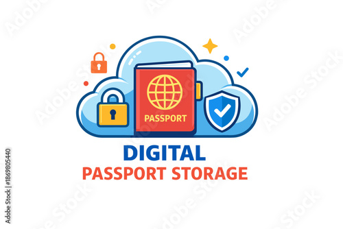 Digital passport storage cloud security illustration with lock and shield