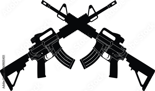 Crossed assault rifle silhouettes with tactical optics and magazines for military emblem or firearms logo design.