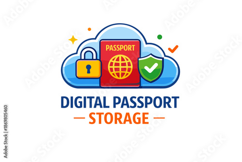 Secure digital passport storage concept with cloud, lock, and shield icons