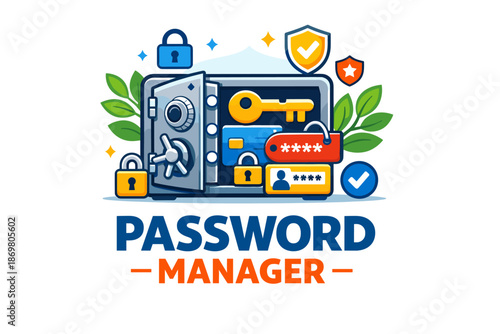 Secure password manager with vault, keys, and authentication icons
