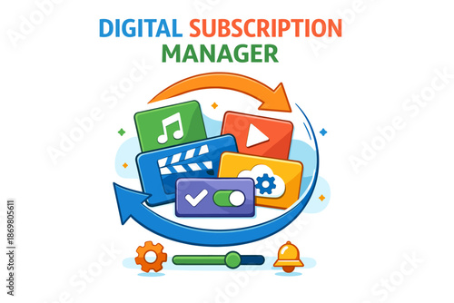 Digital subscription manager icon with multimedia elements and arrows