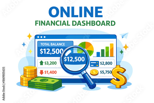 Online financial dashboard with charts, graphs, currency symbols, and magnifying glass