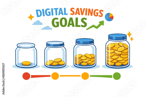 Digital savings goals with increasing coins in jars and progress indicator