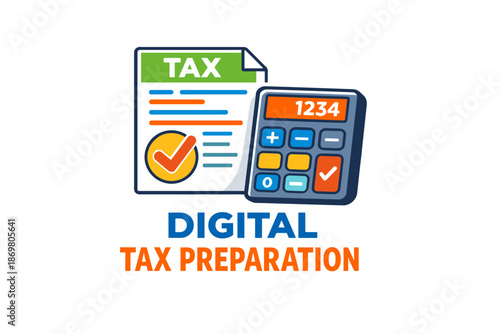 Digital tax preparation with calculator and approved document icon