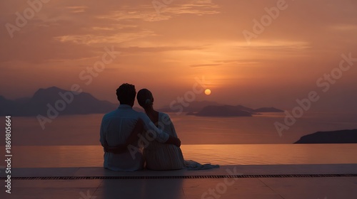 Couple enjoys serene sunset view over ocean from infinity pool edge