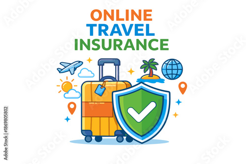 Online travel insurance with suitcase and shield icon for secure vacation planning