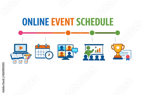 Colorful online event schedule icons with virtual and interactive elements
