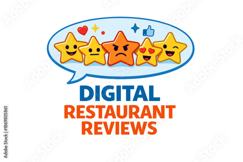 Digital restaurant reviews: five emoji rating speech bubble design