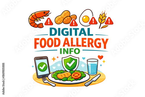 Digital food allergy info: shrimp, peanuts, egg, wheat alert with mobile app and healthy meal
