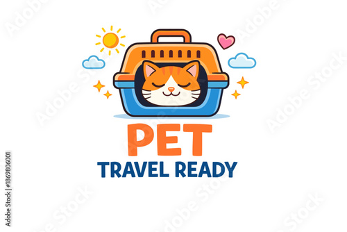 Cute cat in carrier with sunny and heart icons for pet travel theme