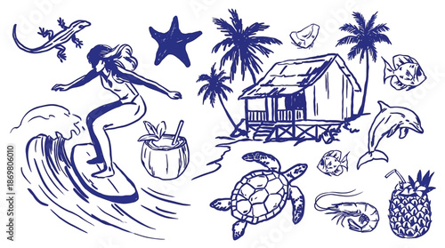 Tropical summer vacation chalk illustration set with hand drawn charcoal vector elements of Hawaii island, palm trees, coconuts, exotic fruits and woman in blue doodle paradise travel style