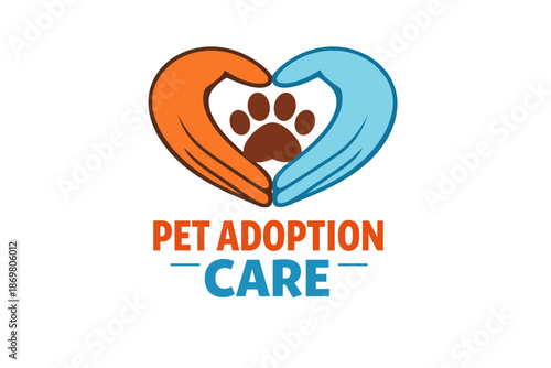 Pet adoption care logo featuring heart-shaped hands and paw print