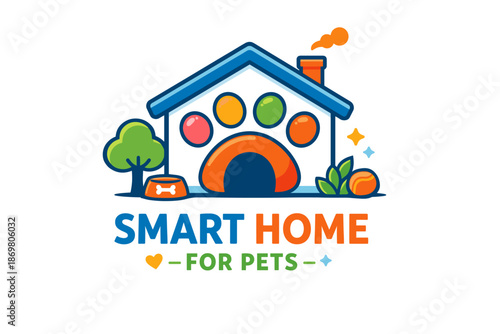 Smart home for pets logo with colorful paw print and house design