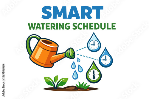 Smart watering schedule with clocks and watering can illustration