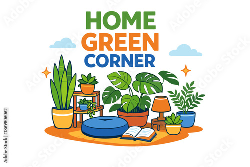 Home green corner with indoor plants and cozy decor