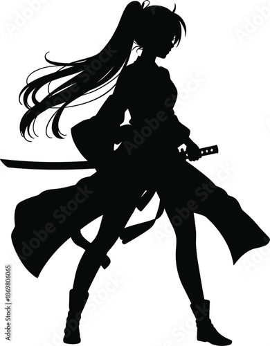 Black silhouette of a female samurai warrior with long hair holding a traditional Japanese katana sword.