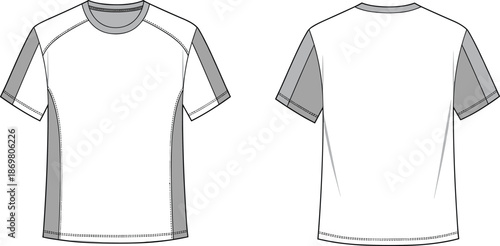 Two-tone t-shirt, fashion sketch, technical drawing, athletic design, crew neckline, short sleeve, seam detail, front back view, illustration, apparel