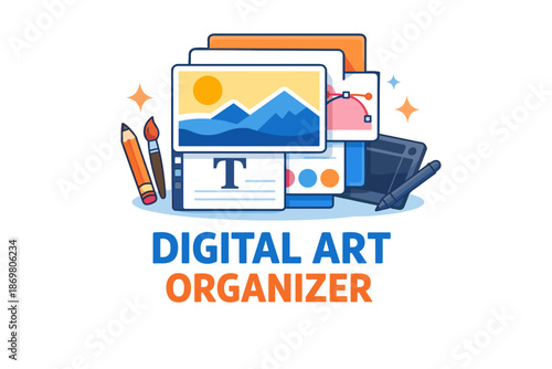 Digital art organizer graphic with tools and devices for creative professionals
