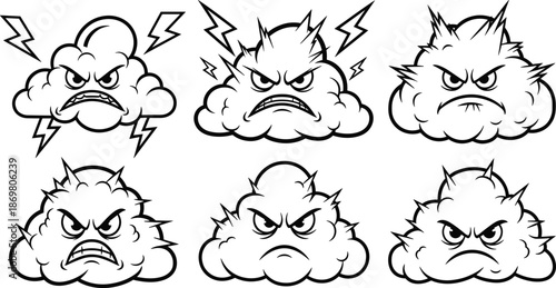 Angry storm cloud character set with lightning bolts, aggressive cartoon weather mascot, moody thunder clouds, vector illustrations, cad drawing flat vector illustration