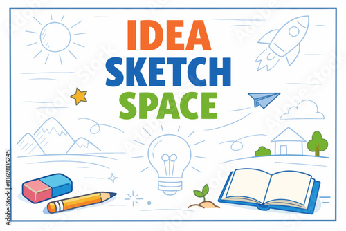 Creative concept illustration with pencil, eraser, light bulb, and space elements