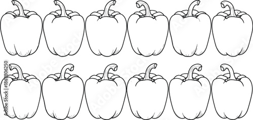 Bell Pepper Capsicum Vector Illustration Featuring Row of Twelve Outlined Organic Vegetables for Healthy Cooking Grocery Store and Garden Food Design