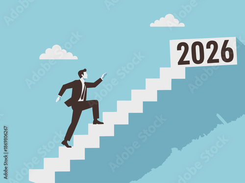Man climbing stairs to 2026 with clouds in the background