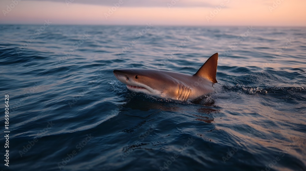 Fototapeta premium A majestic shark swims near the surface of the ocean during twilight its dorsal fin cutting through the calm blue water