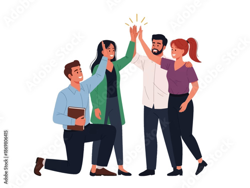 A group of diverse colleagues celebrating with a high five in the office