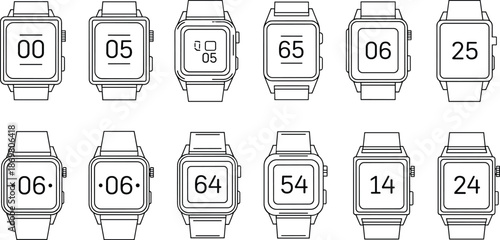 Digital Smart Watch Icon Set with Various Number Displays and Square Screens in Minimalist Black Line Art Flat Vector Illustration