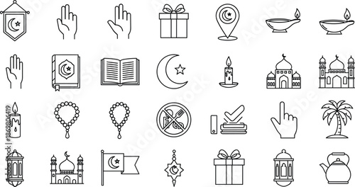 Comprehensive Islamic icon set featuring mosque quran crescent moon lantern and prayer beads in black and white cad drawing flat vector illustration