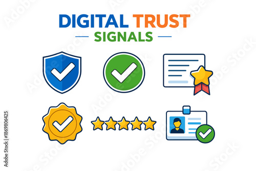 Digital trust signals: icons representing security, verification, and quality assurance