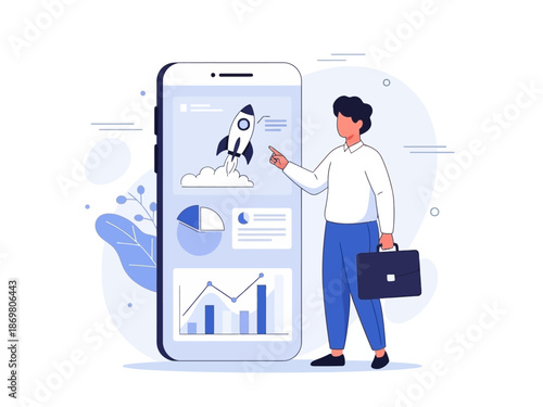 A man in a white shirt and blue pants standing next to a large smartphone with graphs and a rocket on the screen