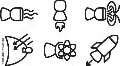Six black line depicting rockets engines and atomic structure space launch fire