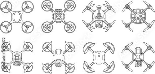 Drone quadcopter collection set featuring various aerial camera drone models in top view black and white cad drawing flat vector illustration