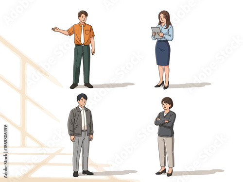 Four business people standing in different poses on a with stairs