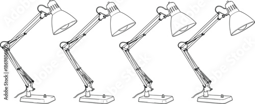 Four adjustable office desk lamps collection set for coloring book pages architectural lighting cad drawing flat vector illustration icons set