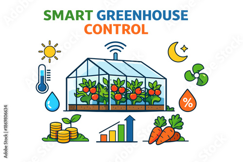 Smart greenhouse control system with environmental icons and vegetables