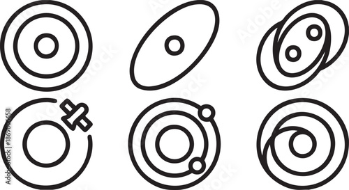 Six black line representing celestial bodies and orbits astronomy space science