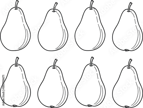 Fresh pear fruit icon set with hand drawn outline style, organic healthy food collection, cad drawing flat vector illustration, isolated