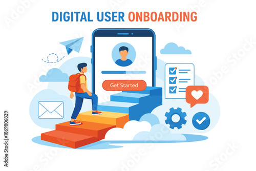 Digital user onboarding process with cartoon male character and smartphone steps