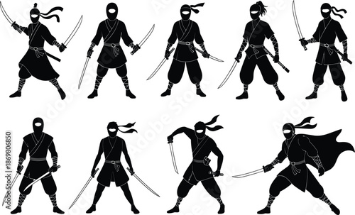 Collection Of Japanese Ninja Warrior Silhouette Characters Holding Katana Swords For Martial Arts Design Vector.